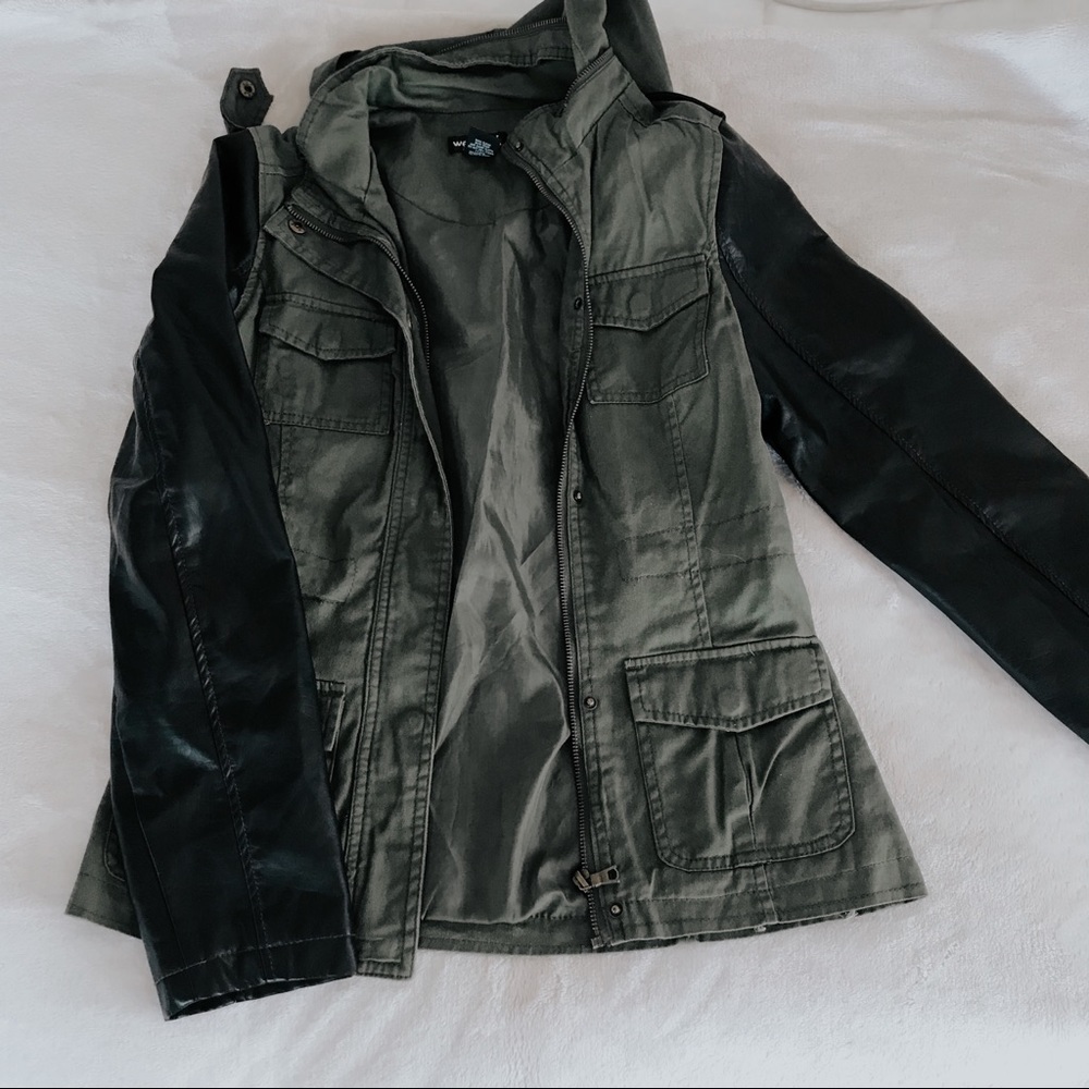 Green, leather on sleeves, jacket with hoodie